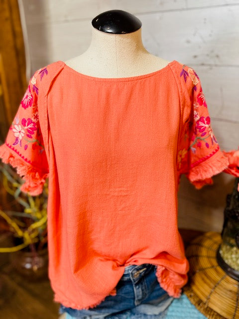 Coral Pink Embroidered Sleeve Blouse