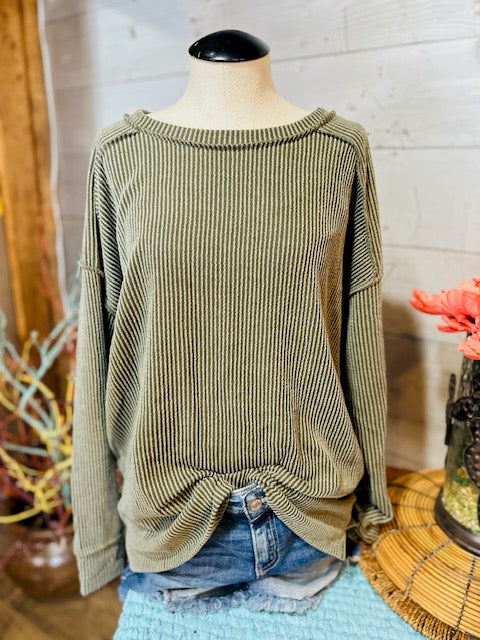 Solid Ribbed Long Sleeve Top
