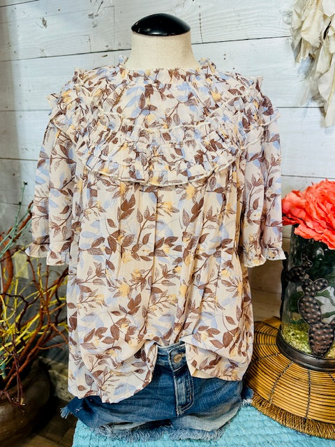 Leaf Printed Ruffle Mock Neck Blouse Top