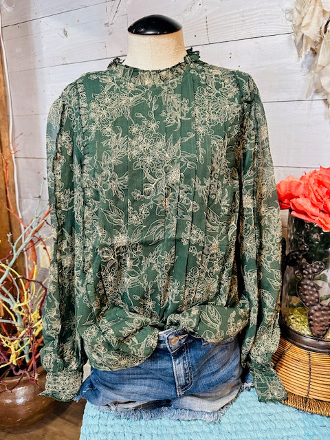 Floral Print Pleated Long Sleeve Blouse Top