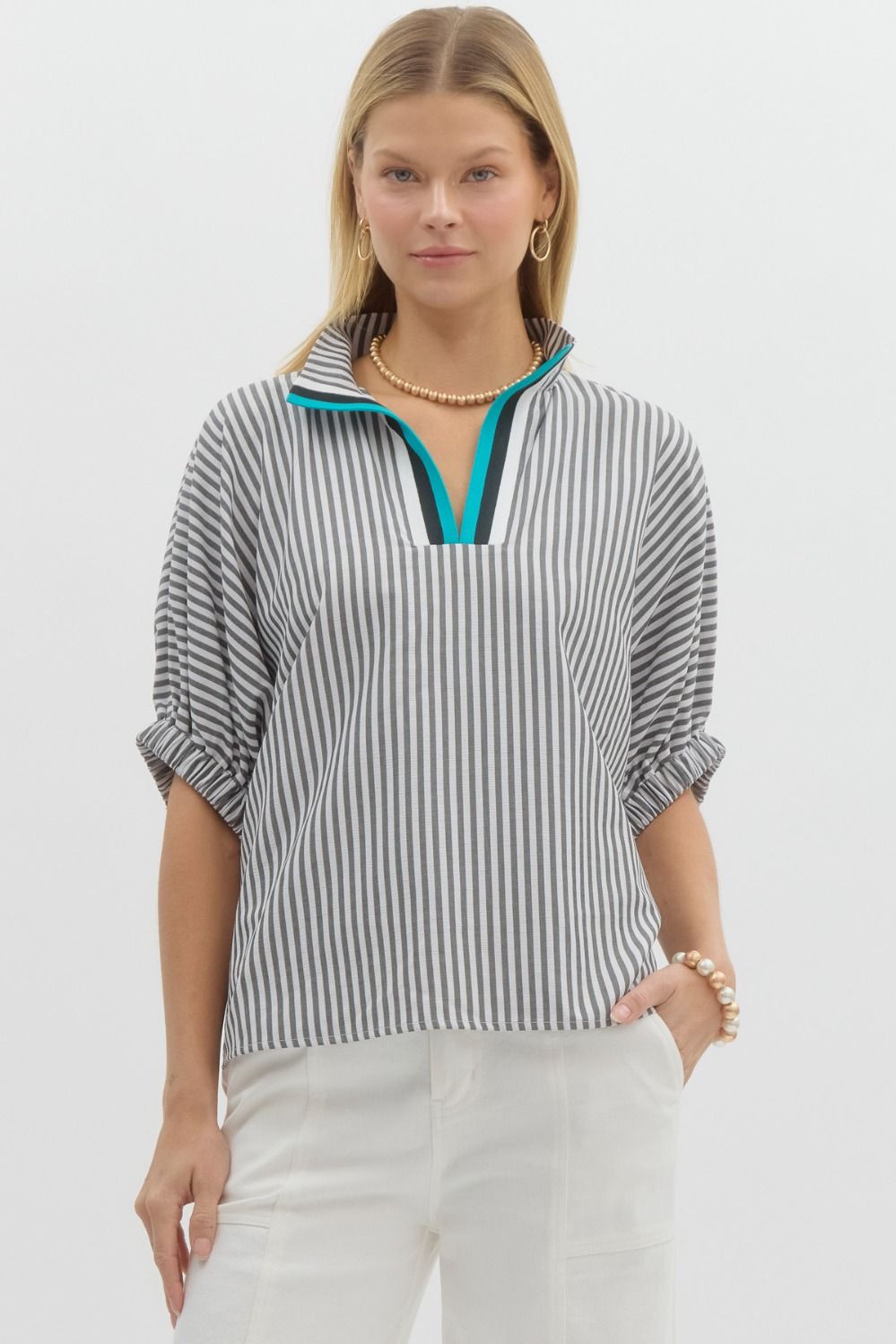 Black Striped Blouse with Turq