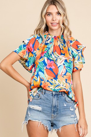 Floral Print Layer Ruffle Sleeves Top