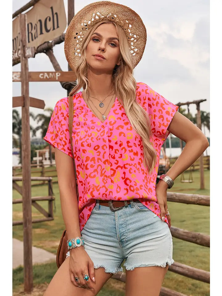 Leopard V Neck Short Sleeve Blouse
