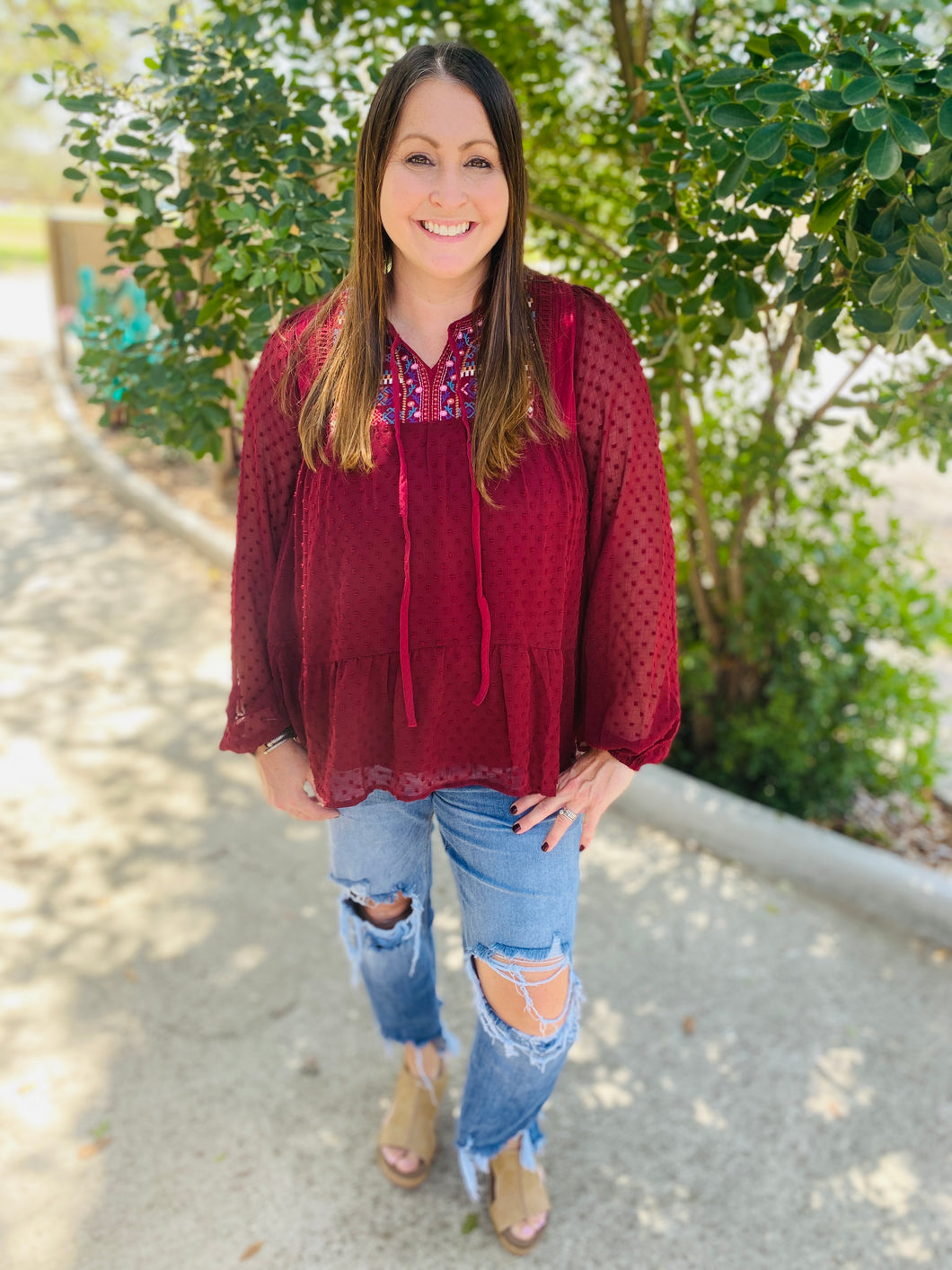 Swiss Dot Burgundy Embroidered Blouse