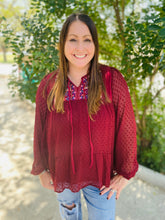 Load image into Gallery viewer, Swiss Dot Burgundy Embroidered Blouse
