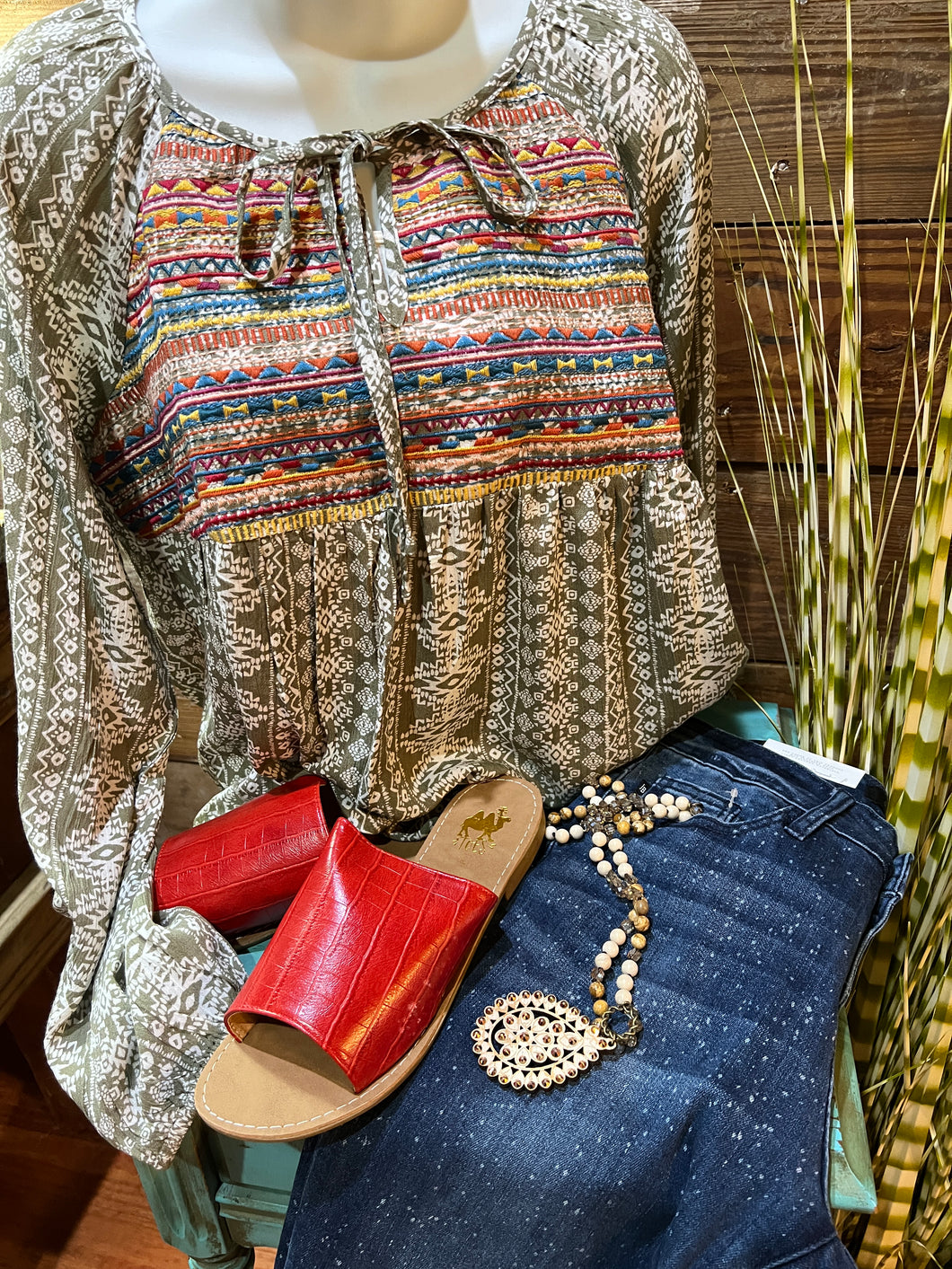 Olive Embroidered Aztec Top