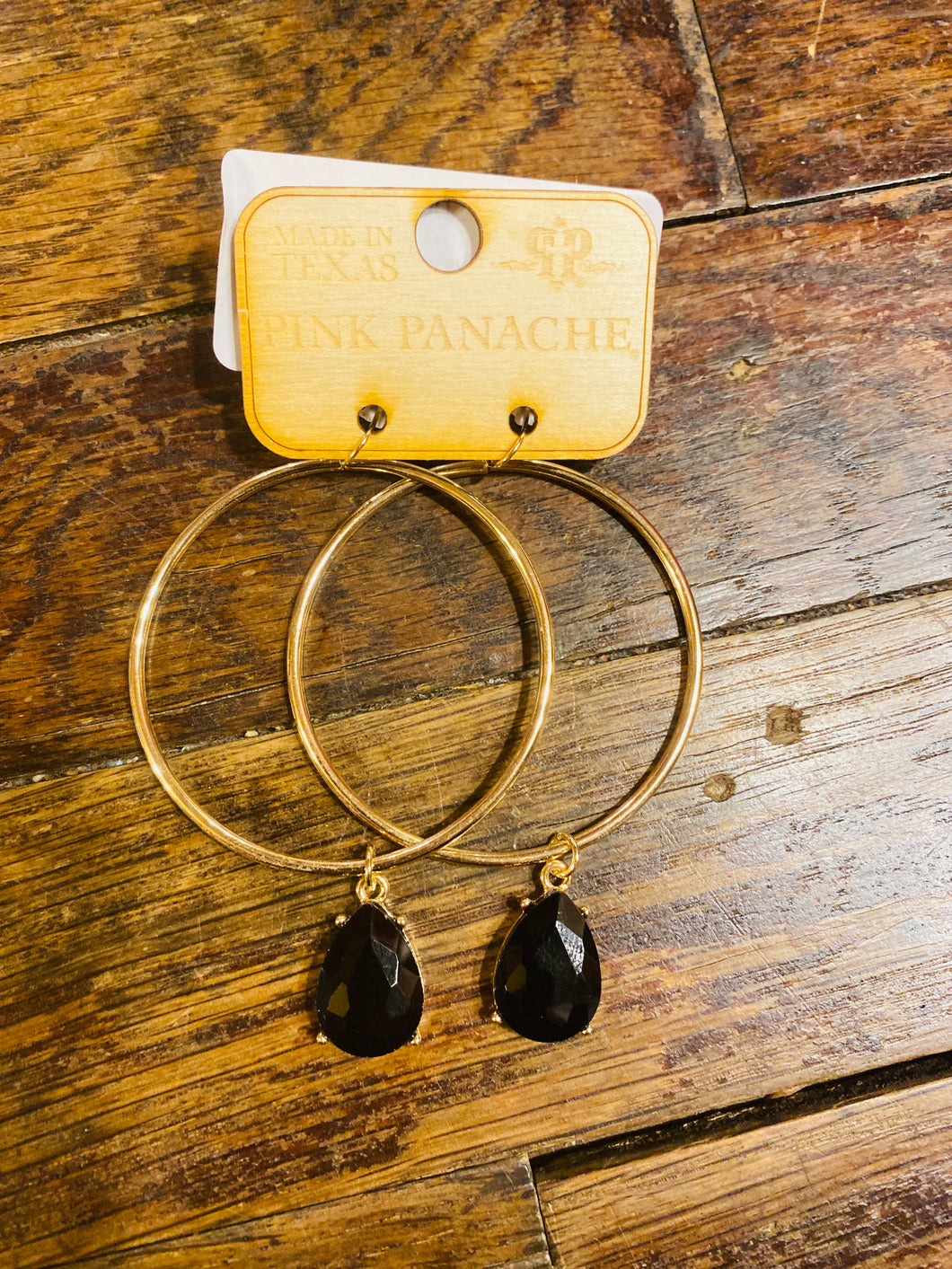 Gold Hoop Earrings with Black Teardrop Pendant