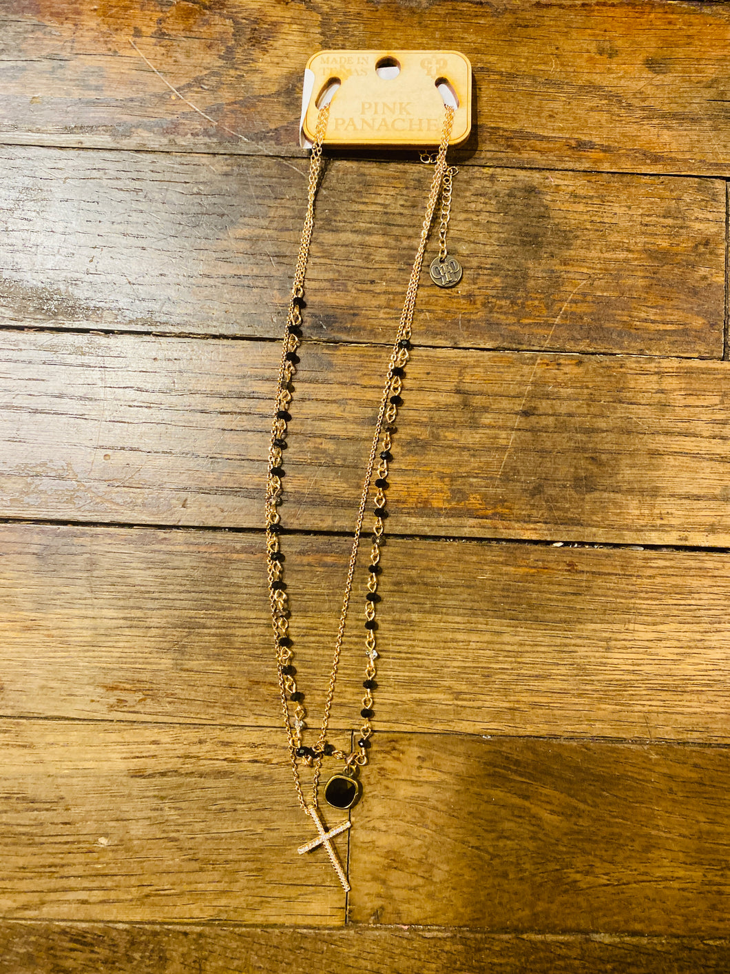 Double Strand Black & Gold Necklace with Cross Pendant