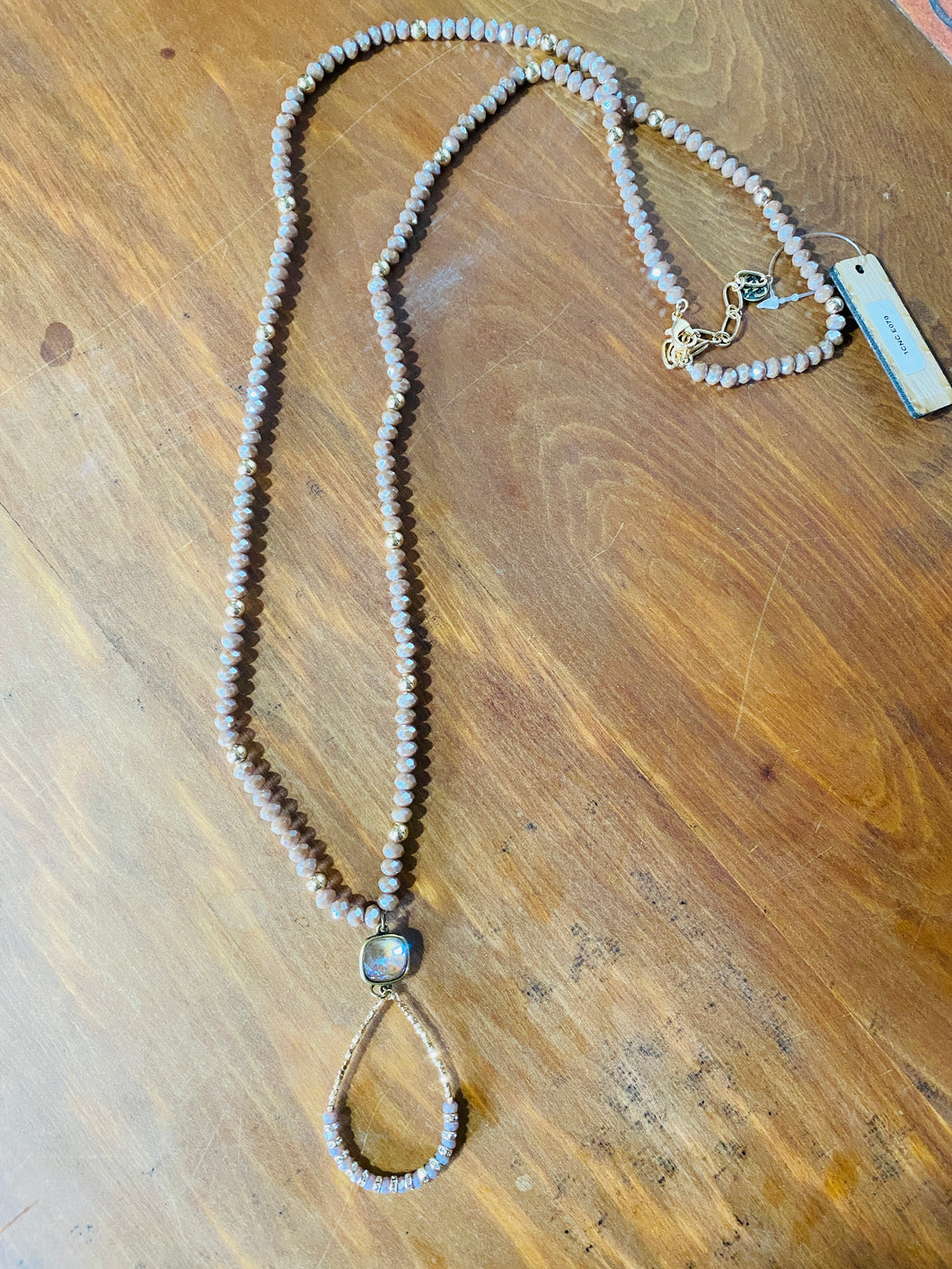 Beaded Rose Gold Long Necklace with Beaded Pendant