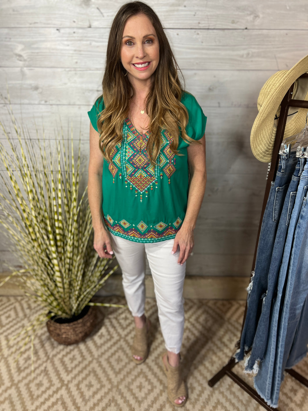 Emerald Top with Colorful Embroidery