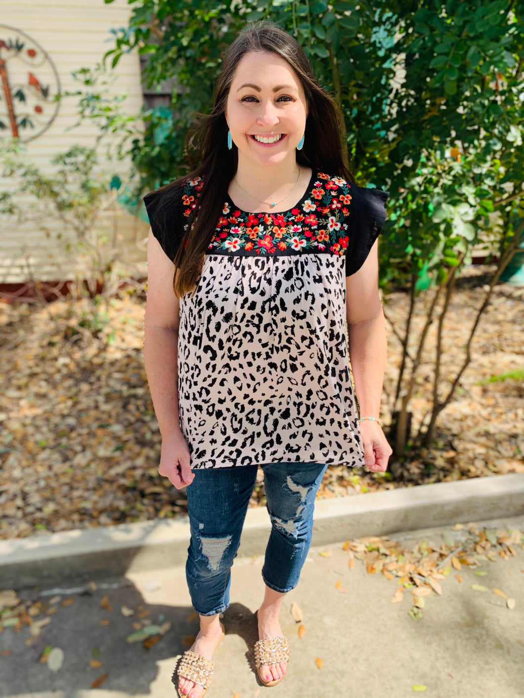 Embroidered Floral & Cheetah Print Top