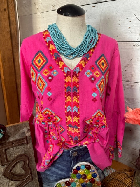 Hot Pink Embroidered Bell Sleeve Top