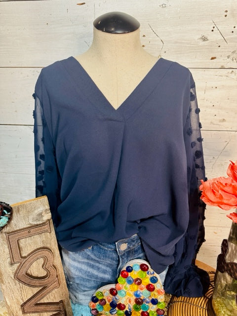 Navy Swiss Dot Long Sleeve Blouse