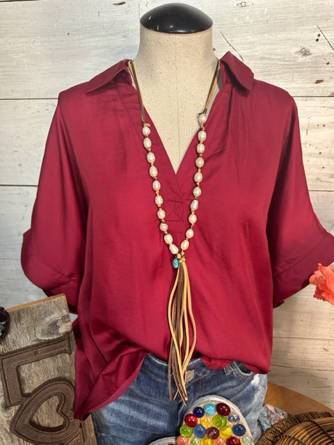 Wine Basic Collared Top