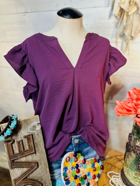 Eggplant Ruffle Sleeve Blouse