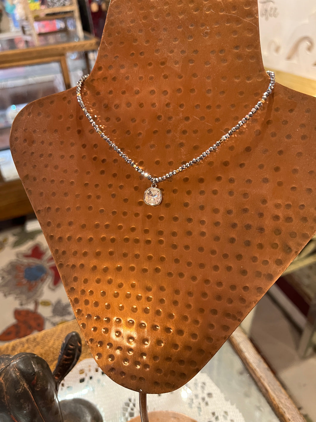 Silver Beaded Cushion Cut Necklace