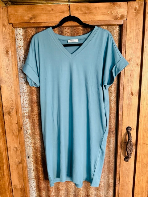 Dusty Teal Short Sleeve T Shirt Dress