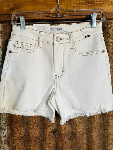 White Denim Shorts with Colorful Embroidered Pockets