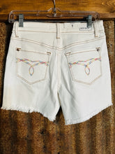 Load image into Gallery viewer, White Denim Shorts with Colorful Embroidered Pockets
