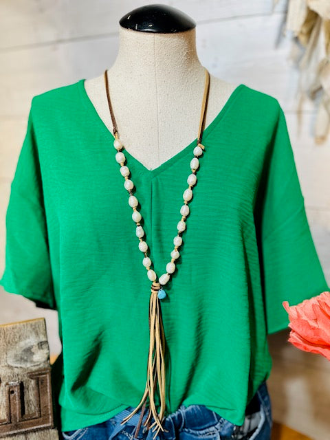 Kelly Green Basic V Neck Top