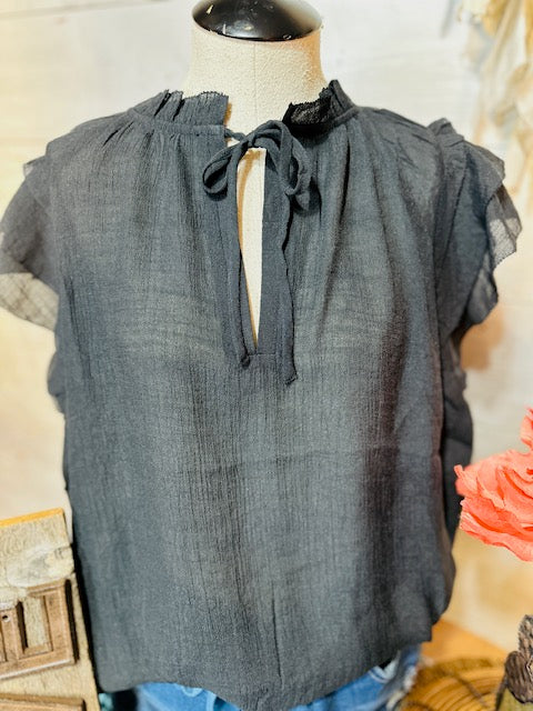 Black Flutter Sleeve Tie Front Blouse
