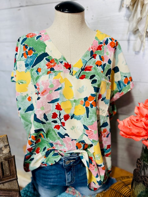 Floral V Neck Pocket Top