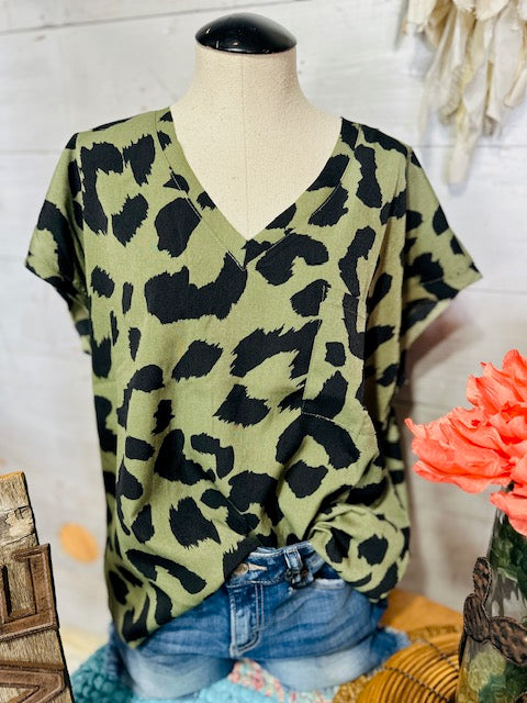 Olive Leopard Print Pocket Top