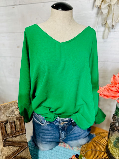 Smocked Cuff Sleeve V Neck Blouse