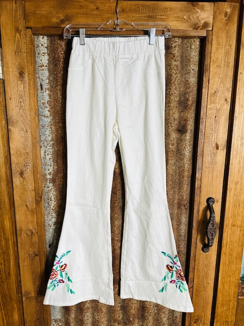 Off White Embroidered Floral Bell Bottoms