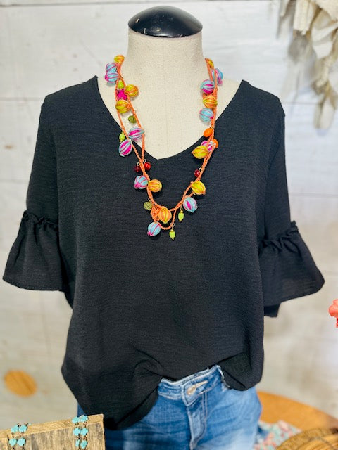 Black Ruffle Sleeve Blouse