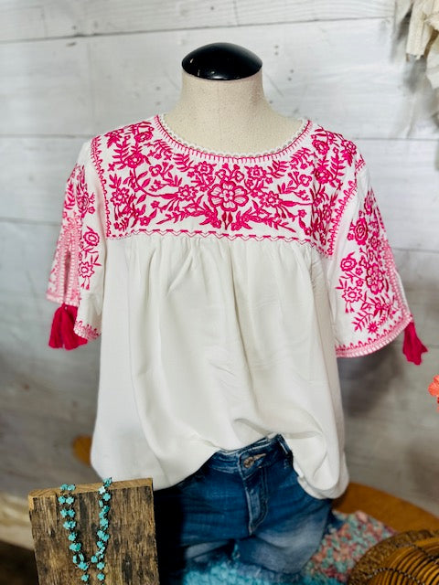 Pink Embroidered Tassel Sleeve Top