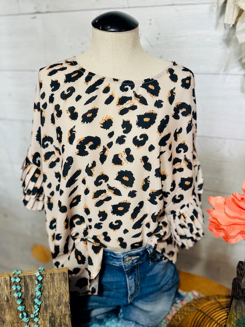 Leopard Ruffle Sleeve Top