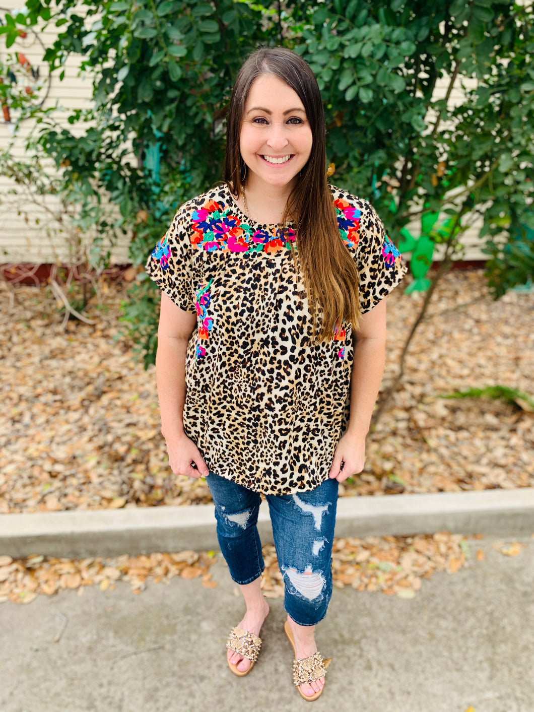 Colorful Embroidery Animal Print Top