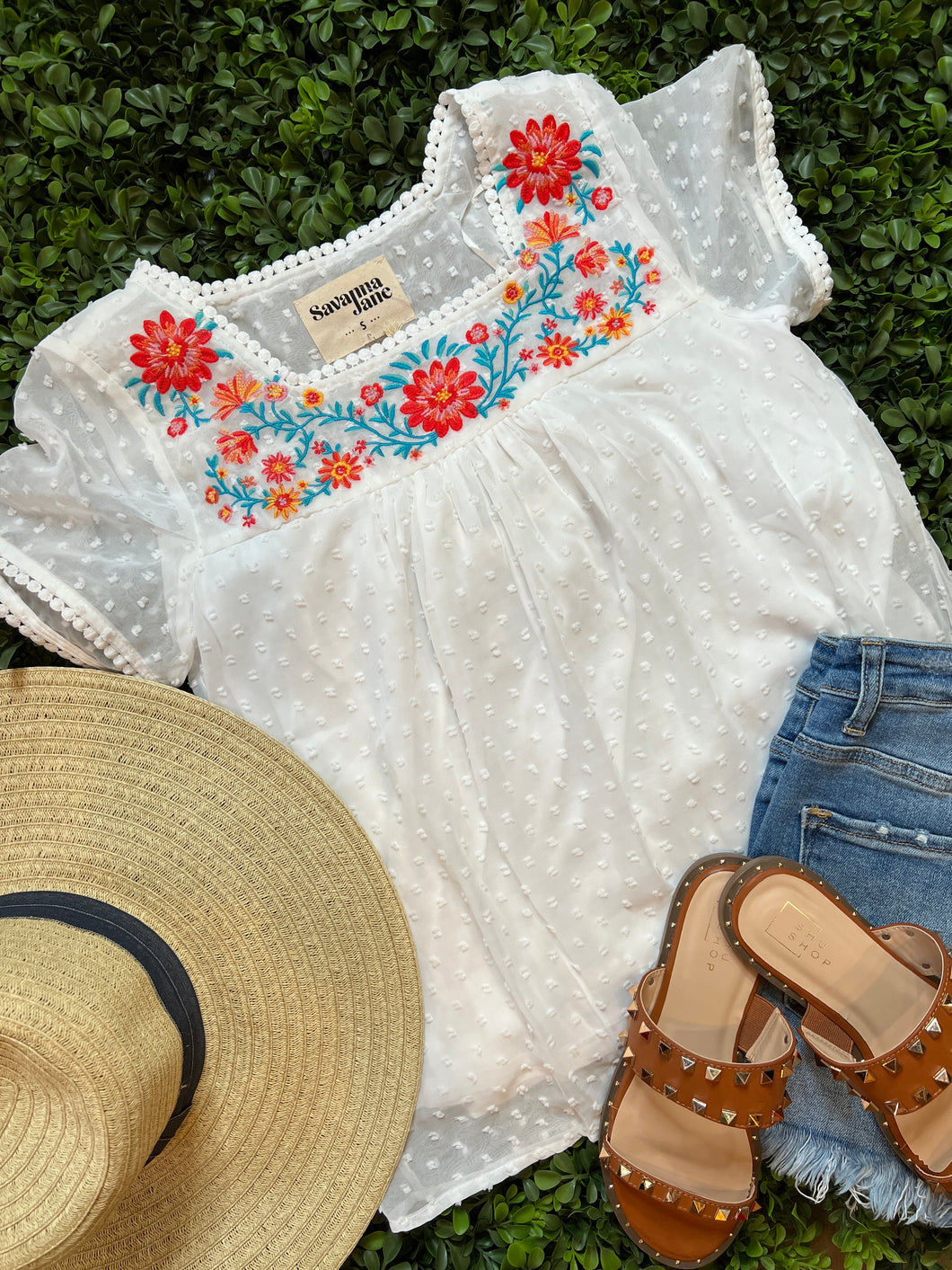 Swiss Dot Top with Embroidery