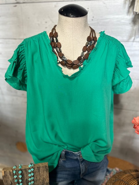 Jade Green V Neck Ruffle Blouse