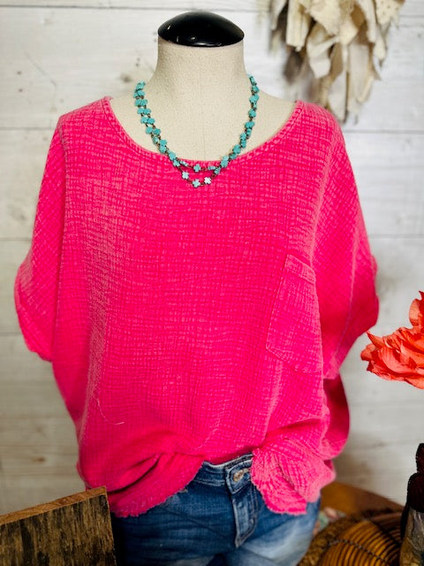 Hot Pink Mineral Wash Pocket Tee