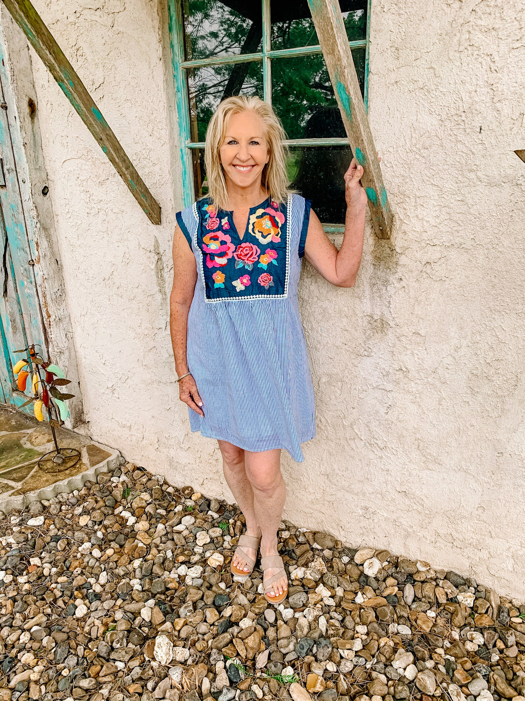 Denim Stripe Embroidered Dress