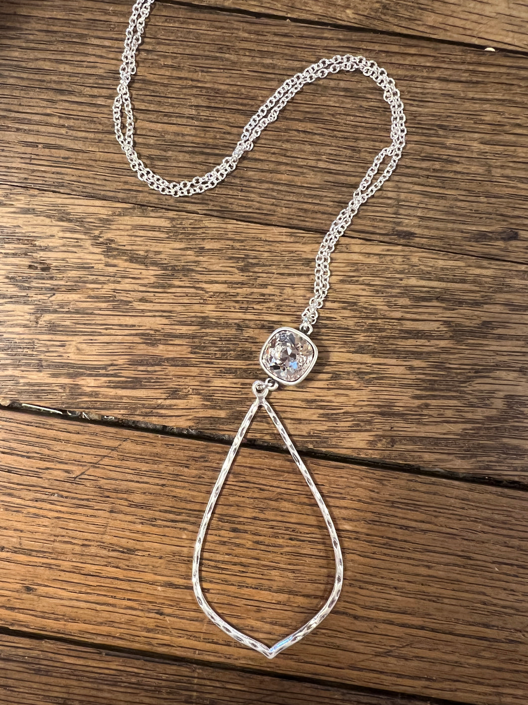 Silver Chain Teardrop Necklace with Clear Cushion Cut Stone