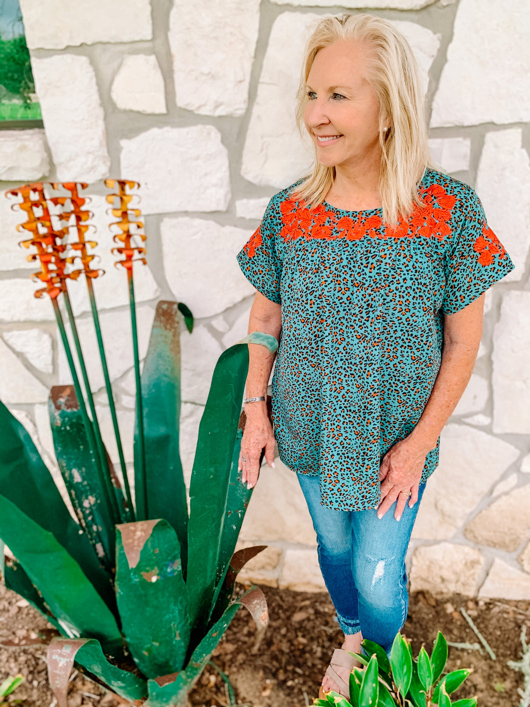 Teal Cheetah Embroidered Top