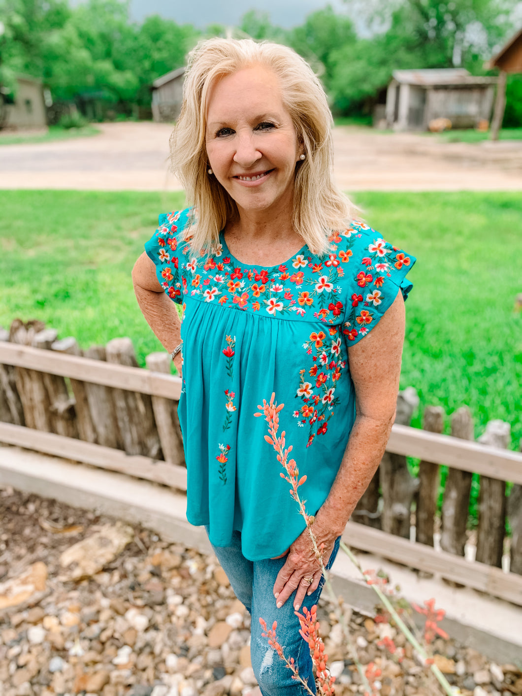 Teal Fun Embroidered Blouse