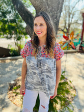 Load image into Gallery viewer, Grey Camo Embroidery Top
