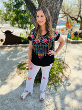 Load image into Gallery viewer, Turquoise and Pink Rose Emb Top
