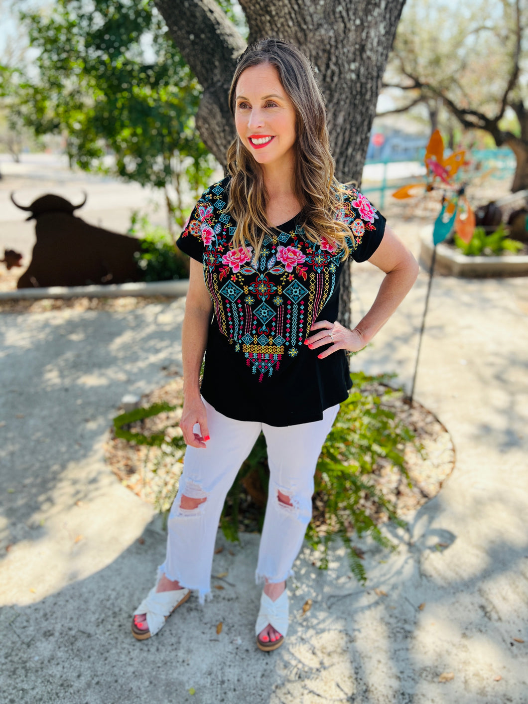 Turquoise and Pink Rose Emb Top