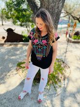 Load image into Gallery viewer, Turquoise and Pink Rose Emb Top
