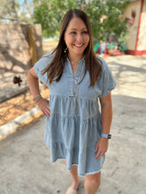 Load image into Gallery viewer, Ruffle Tiered Denim Dress
