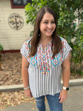 Load image into Gallery viewer, Navy Stripe Embroidery Top
