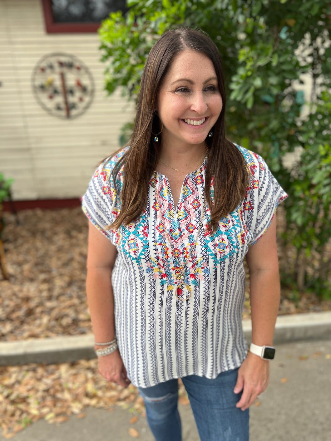 Navy Stripe Embroidery Top