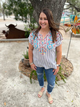 Load image into Gallery viewer, Navy Stripe Embroidery Top
