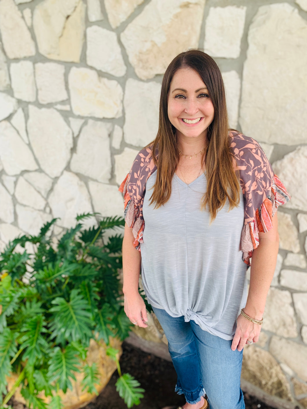 Gray Floral Sleeve Top