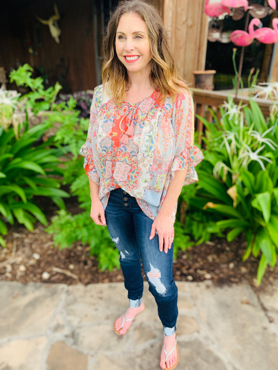 Coral Floral Bright Top